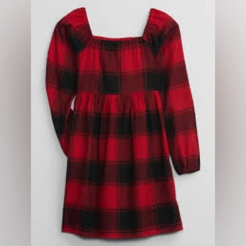 Gap Kids Girls Red Black Buffalo Plaid Smocked Long Sleeve Dress XXL 14 16
